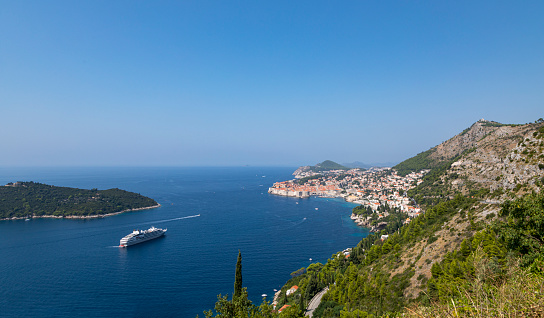 Dubrovnik West harbour Croatia Sept 14, 2019: Cruise Ships with a panoramic view from the hillside of the harbour and the surrounding hills.