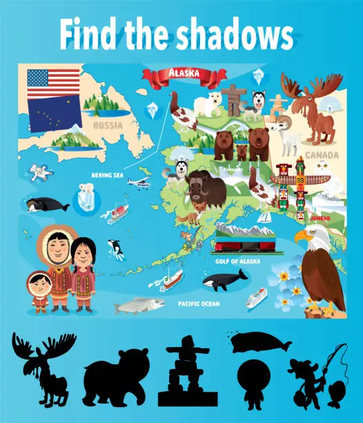 Vector illustration of Find the correct shadows, Alaska map