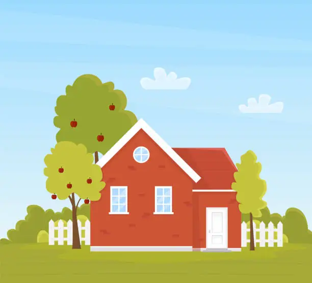 Vector illustration of Red country house with apple tree garden