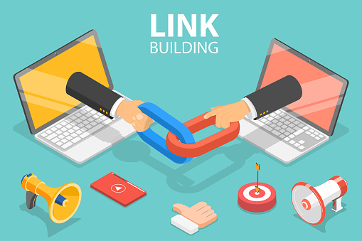 3D Isometric Flat Vector Concept of Link Building, SEO, Backlink Strategy, Digital Marketing Campaign.