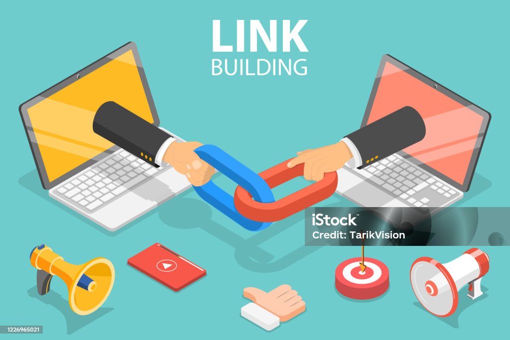 3D Isometric Flat Vector Concept of Link Building, SEO, Backlink Strategy. 3D Isometric Flat Vector Concept of Link Building, SEO, Backlink Strategy, Digital Marketing Campaign. Hyperlink stock vector