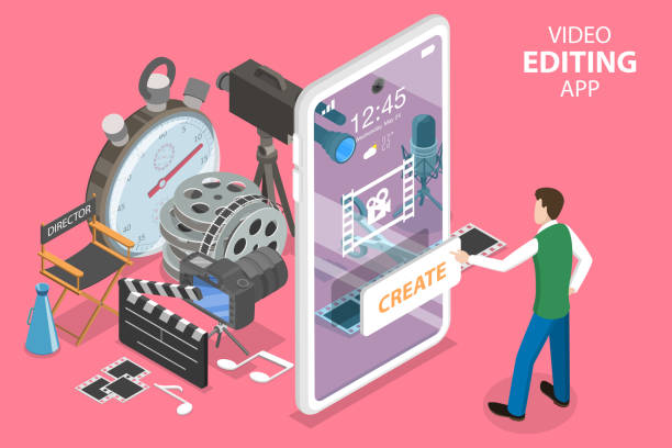 3D Isometric Flat Vector Concept of Mobile Video Editing App. 3D Isometric Flat Vector Concept of Mobile Video Editing App, Motion Design Studio Software, Multimedia Production, Video Blogging. editing equipment stock illustrations