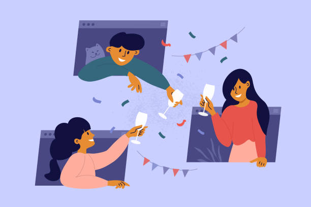 Online meeting friends, celebration birthday, drinking wine through computer windows Online party, birthday, virtual meeting with friends. Man, women stay home, drink wine through computer windows. People celebrate event remotely. Video call during self isolation. Vector illustration. greeting illustrations stock illustrations