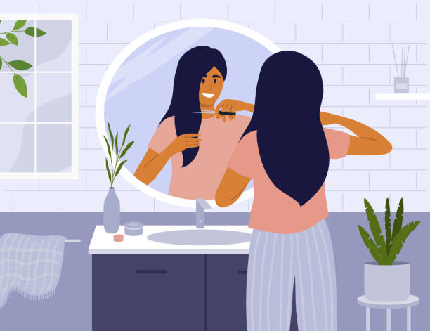 Cute Girl With Scissors Cutting Own Hair At Home In Front Of Bathroom Mirror Stock Illustration - Download Image Now - iStock Cute Girl With Scissors Cutting Own Hair At Home In Front Of Bathroom Mirror Stock Illustration - Download Image Now - iStock