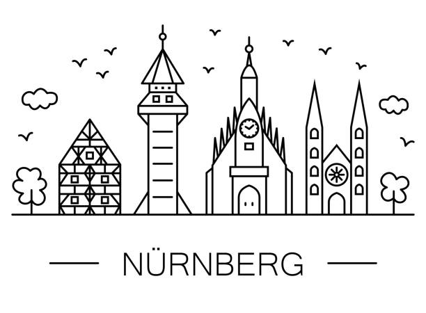 nürnberger stadtbild linienkunst: berühmte bilder - stadtsymbole.  schwarz-weiß-zeichnung mit geraden linien. - nürnberg stock-grafiken, -clipart, -cartoons und -symbole