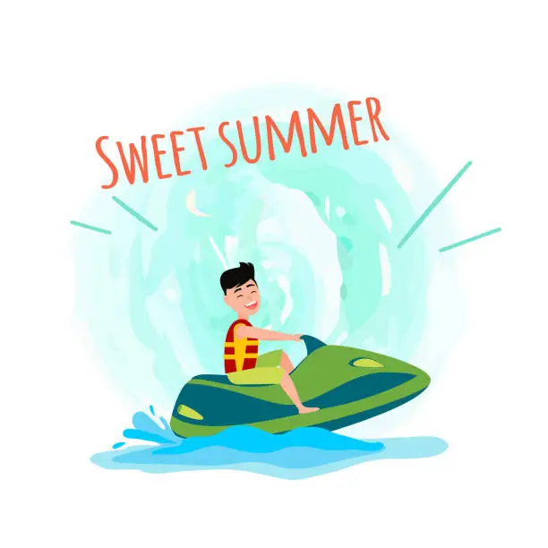 Vector illustration of Sweet Summer Poster Man on Jet Ski Ride Having Fun