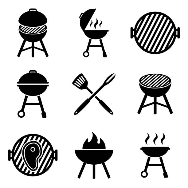 白い背景に分離されたグリルアイコン、ロゴ - sausage food retro revival fork点のイラスト素材／クリップアート素材／マンガ素材／アイコン素材