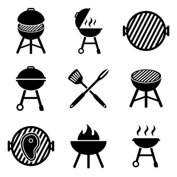 Grill icon, logo isolated on white background Grill icon, logo isolated on white background bbq logos stock illustrations