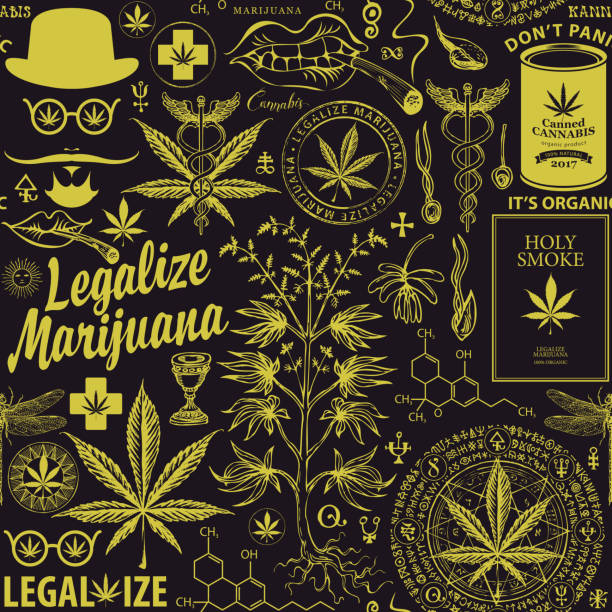 vector seamless pattern for marijuana legalization Vector seamless pattern on the theme of marijuana legalization. Repeatable background with hand-drawn hemp leaves, cannabis plant, hipster face, other sketches and inscriptions on the black backdrop caduceus medical symbol backgrounds stock illustrations