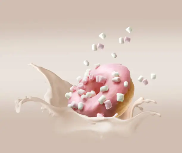 Donut dropped in cream with splash and flying marshmallows