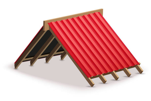 Concept Metal Cover on Roof Red metal roofing cover on the roof. Element concept for building construction and repair. Vector Illustration isolated on white background. corrugated roofing stock illustrations