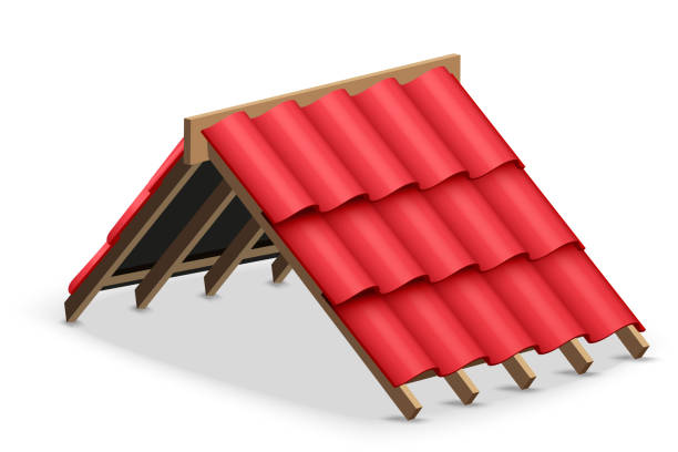 ilustraciones, imágenes clip art, dibujos animados e iconos de stock de cubierta de azulejos cerámicos concept en el techo - roof tile roof textured red