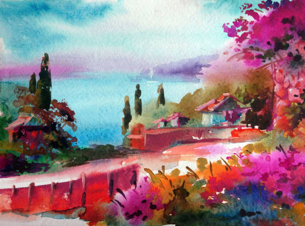 istock Watercolor colorful bright textured abstract background handmade . Mediterranean landscape . Painting of architecture and vegetation of the sea coast 1226971090