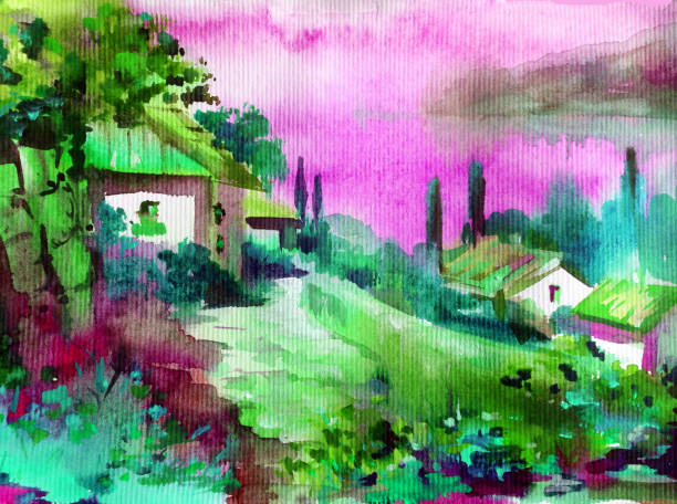 istock Watercolor colorful bright textured abstract background handmade . Mediterranean landscape . Painting of architecture and vegetation of the sea coast 1226971112