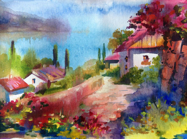 istock Watercolor colorful bright textured abstract background handmade . Mediterranean landscape . Painting of architecture and vegetation of the sea coast . Idyll 1226971193