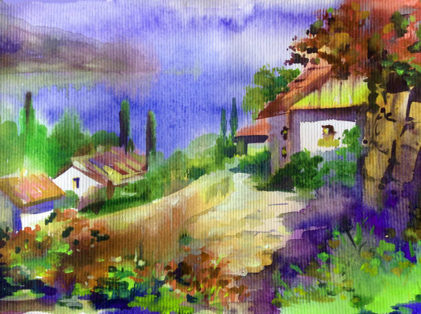 istock Watercolor colorful bright textured abstract background handmade . Mediterranean landscape . Painting of architecture and vegetation of the sea coast . Idyll 1226971426