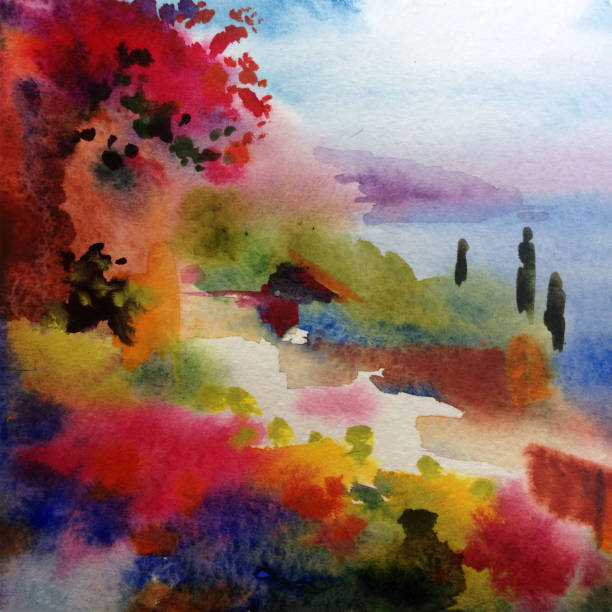 istock Watercolor colorful bright textured abstract background handmade . Mediterranean landscape . Painting of architecture and vegetation of the sea coast . Idyll 1226971553
