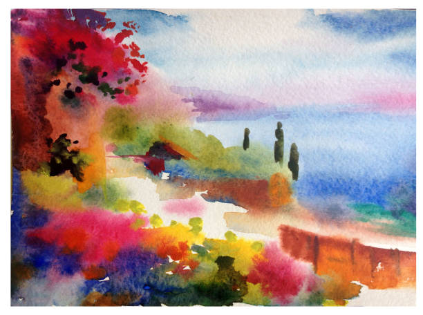 istock Watercolor colorful bright textured abstract background handmade . Mediterranean landscape . Painting of architecture and vegetation of the sea coast 1226971566