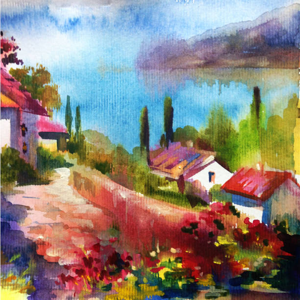 istock Watercolor colorful bright textured abstract background handmade . Mediterranean landscape . Painting of architecture and vegetation of the sea coast 1226971595