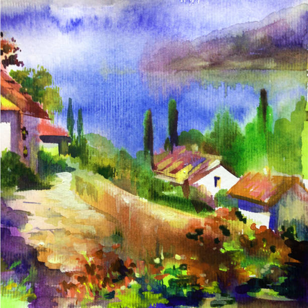 istock Watercolor colorful bright textured abstract background handmade . Mediterranean landscape . Painting of architecture and vegetation of the sea coast 1226971600