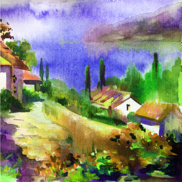 istock Watercolor colorful bright textured abstract background handmade . Mediterranean landscape . Painting of architecture and vegetation of the sea coast 1226971713