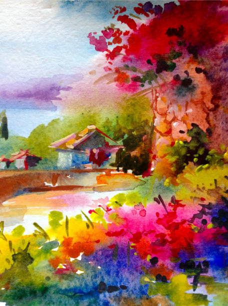 istock Watercolor colorful bright textured abstract background handmade . Mediterranean landscape . Painting of architecture and vegetation of the sea coast 1226971720