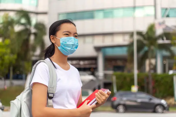 Virus Protection: Outdoor Portrait of an young Asian teenager on the way to school, Wearing a Protective Face Mask