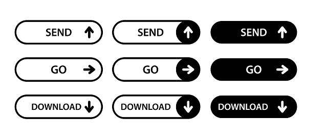 Set buttons with arrow. Black button send, go, download. Modern icon for sites and apps.