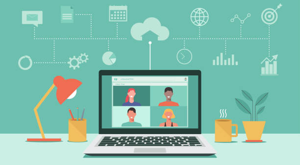 video conference on laptop concept people connecting together, learning or meeting online with teleconference, video conference remote working, work from home, work from anywhere, new normal concept, vector illustration telecommuting vector stock illustrations