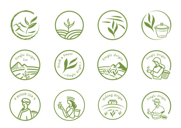 single origin tea logo set single origin tea logo set with farmer,plant,tea leaf,cup and local people harvest. assam stock illustrations