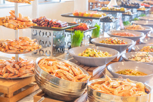 istock Seafood, salad and cold appetizers buffet in hotel dinner room 1226976604