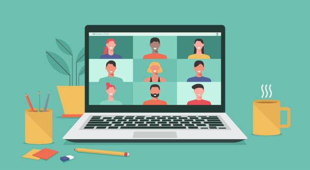 people video conference on laptop computer concept people connecting together, learning and meeting online with teleconference, video conference remote working on laptop computer, work from home and anywhere, new normal concept, vector illustration new normal concept stock illustrations