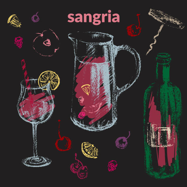 bildbanksillustrationer, clip art samt tecknat material och ikoner med handritade krita sommaren sangria vin som för vinlista, fest inbjudan - sangria