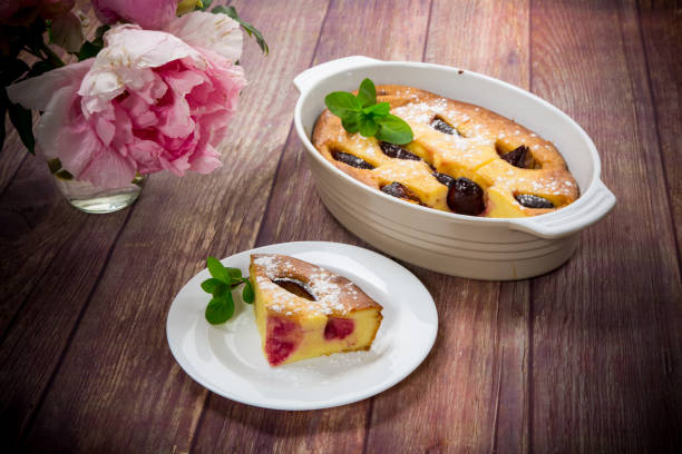 sweet homemade casserole with fruits inside in a plate