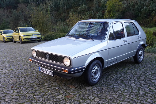 Raiva, Portugal - 11 December, 2019: Classic Volkswagen Golf I (1974-1993) stopped on a street. This model was the most popular Volkswagen vehicles in 70s and 80s.