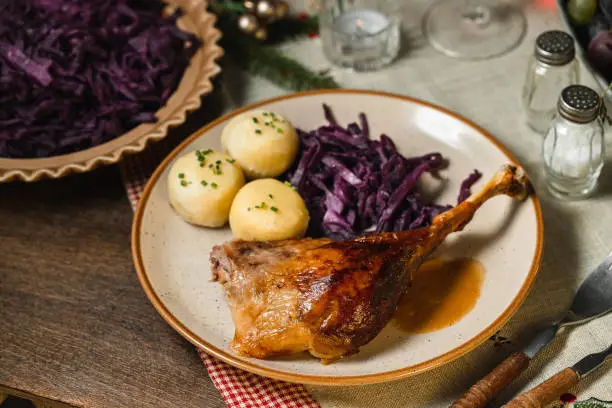 Close-up of delicious roast duck with red cabbage and dumplings served in a plate. Traditional festive eating.