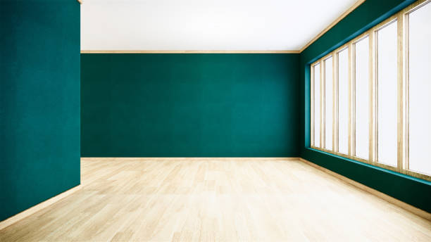 istock Green wall on wood floor interior. 3D rendering 1226984066