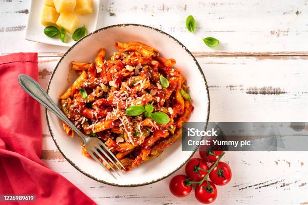 Top View Of Plate With Colorful Intalian Pasta Freshly Cooked Stock Photo - Download Image Now