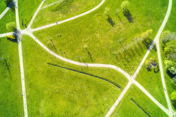 Paths in the green summer park top aerial view Pedestrian and bicycle paths in the green summer park. Top aerial view landscape arch photos stock pictures, royalty-free photos & images