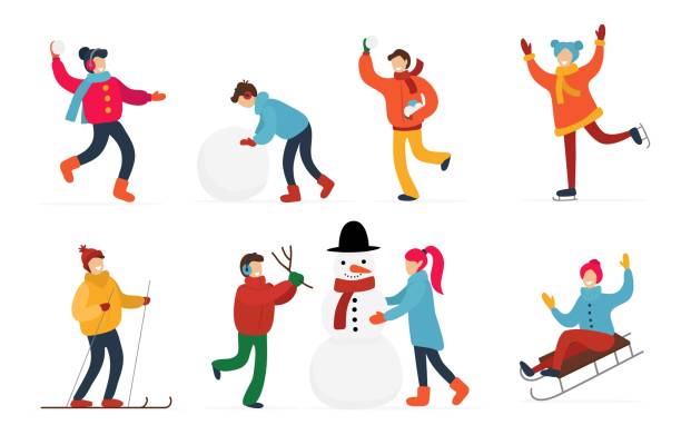 귀여운 사람들이 재미 와 하 고 겨울 활동 세트 - snowman snowball men christmas stock illustrations