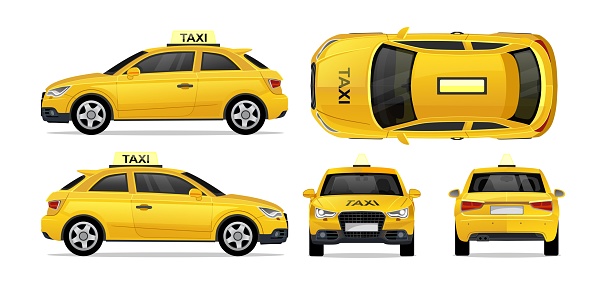Taxi yellow car with side, front, back and top. City transport taxi icon set for mobile, web, promotions. Taxi cab isolated on white background.hi-Detailed service vehicle vector mockup template