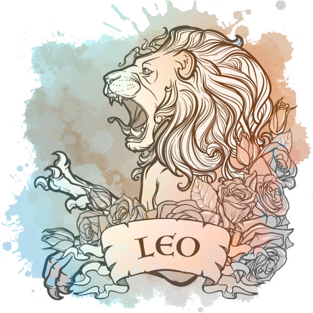  Ilustración de Signo Del Zodíaco De Leo Elemento De Fuego Dibujo Lineal Intrincado Sobre Fondo Texturizado Acuarela y más Vectores Libres de Derechos de León