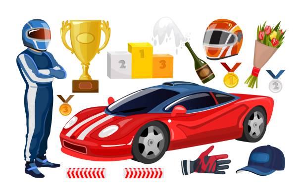 Cartoon racing elements collection. Winner cup, racing helmet, gloves, racer man, trophy medals, sport car. Vector racing set. Cartoon racing elements collection. Winner cup, racing helmet, gloves, racer man, trophy medals, sport car. Vector racing set. race car driver stock illustrations