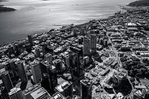 Downtown Seattle, Washington shot during a helicopter photo flight from an altitude of about 1000 feet.