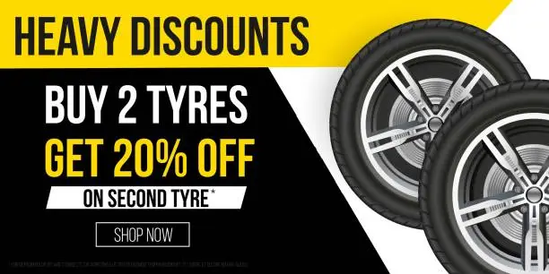Vector illustration of Car tyres promotion banner. Realistic tyres with promo text for flyers, banners etc. Vector sale banner illustration