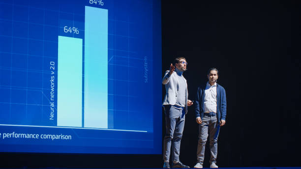 istock Startup CEO and Chief Developer Stand on Stage and Present New Product. Speakers Lead Lecture on Business, Science, Technology, Entrepreneurship, Health, Ecology, Leadership and all Things Digital 1226991408