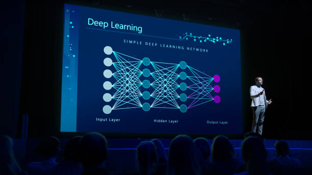 istock Computer Science Startup Conference: On Stage Speaker Does Presentation of New Product, Talks about Neural Networks, Shows New AI, Big Data and Machine Learning App on Big Screen. Live Event 1226991559