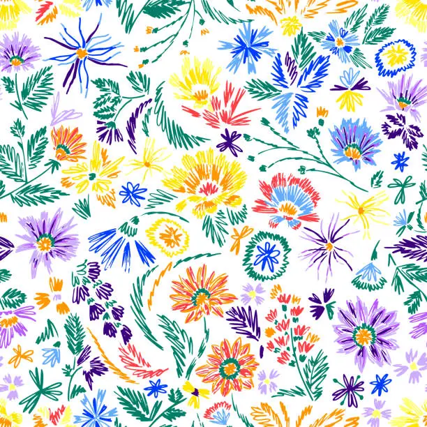 Vector illustration of Cartoon botanical seamless pattern. Fun abstractive plants ornament. Graphic pencil line sketch drawing. Flowers, herbs and leaves. Summer fashion design for textile, fabric, clothes and wrapping.