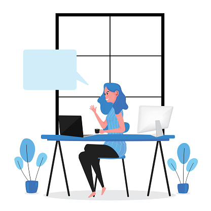 A Cartoon Of Lady Is Working From Home With Computer And Laptop Stock  Illustration - Download Image Now - iStock