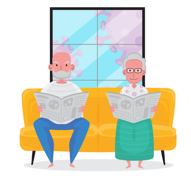 祖父と祖母の漫画が自宅で新聞を読んでいて、両方とも検疫期間中に黄色いソファに座っています - newspaper reading mother women点のイラスト素材／クリップアート素材／マンガ素材／アイコン素材